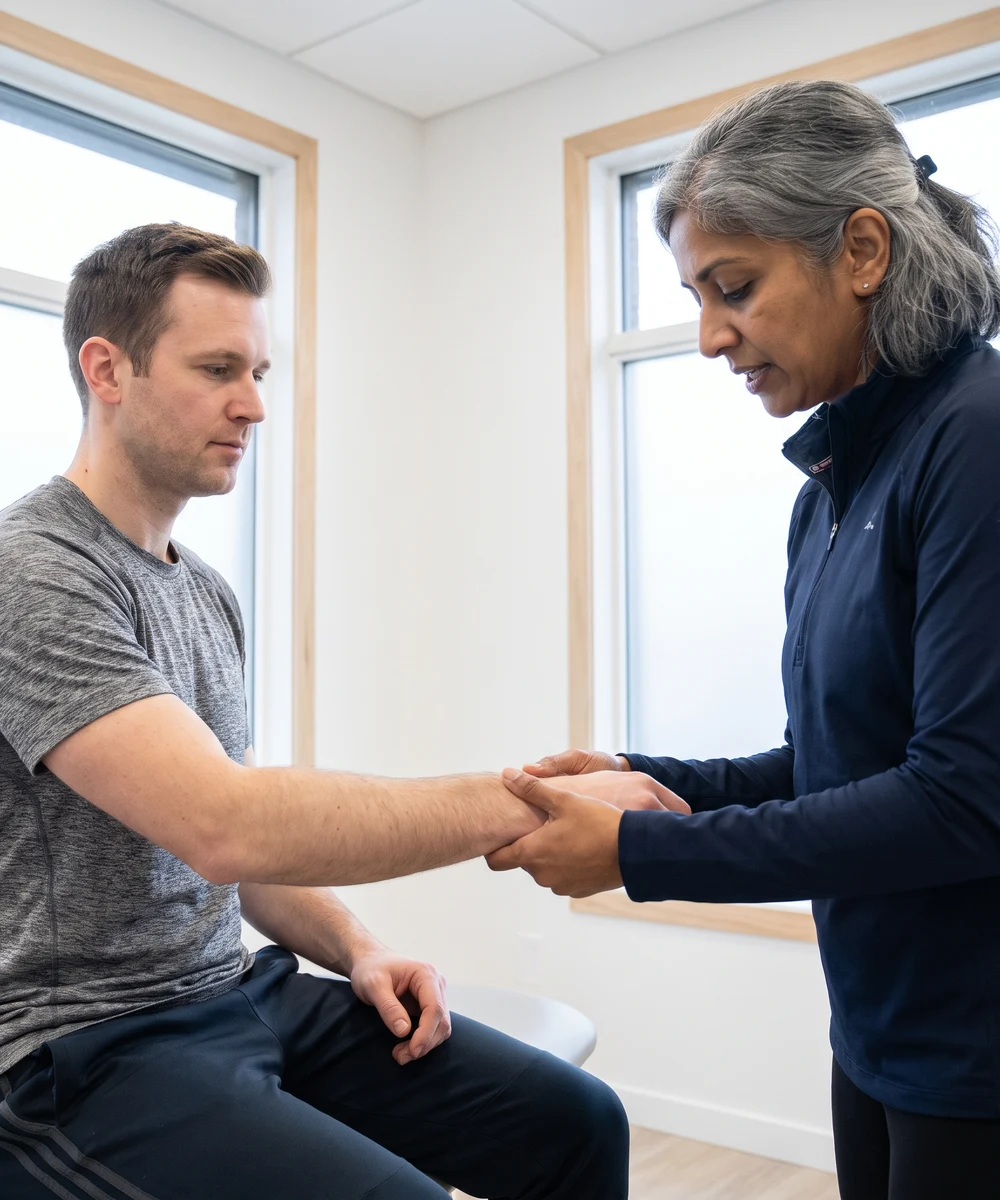 A Doctor of Physical Therapy evaluating elbow and wrist pain at Kaizen Health and Wellness in Urbandale, IA