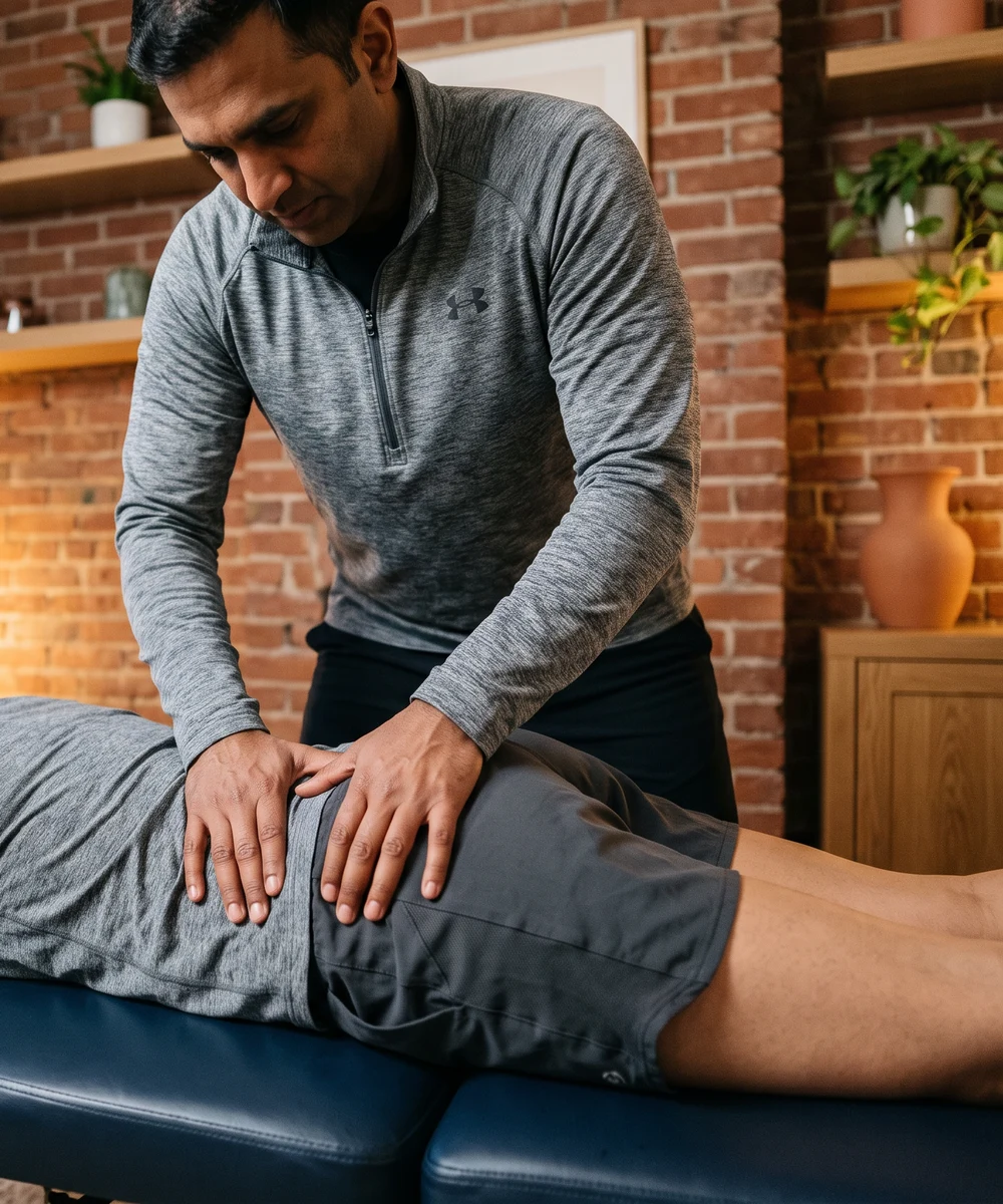 A Doctor of Physical Therapy evaluating hip pain at Kaizen Health and Wellness in Urbandale, IA
